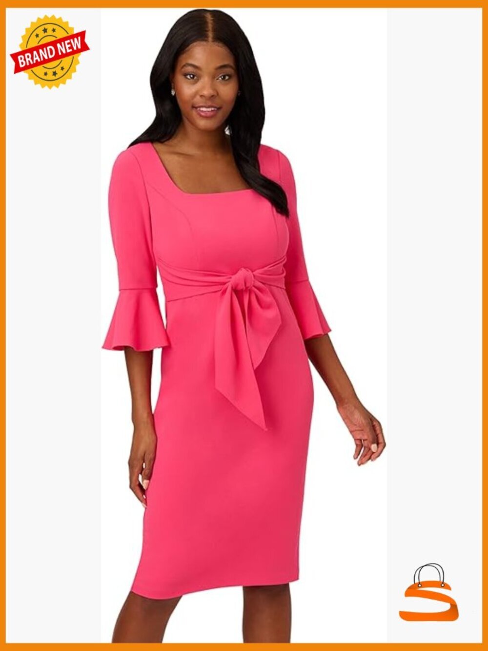 Bell Sleeve Midi Dress - Tie Front Square Neck Wrap Dress